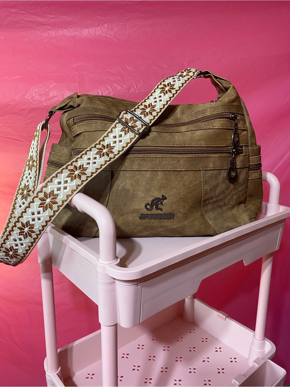 JINGPINDAISHU Multi-Pocket Crossbody Bag Brown Boho Strap Travel Purse